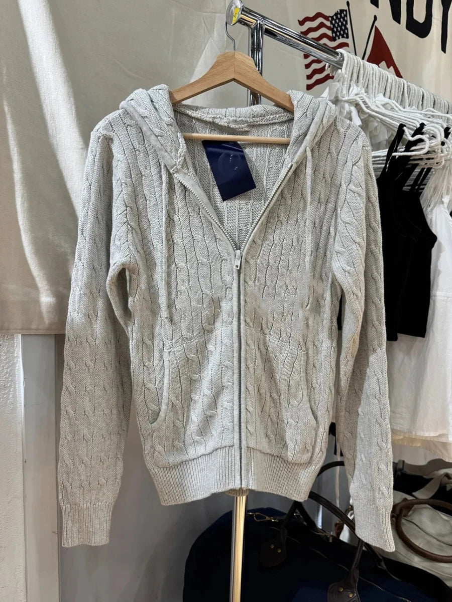 Simple Solid Twisted Flower Knit Cardigan Sweater Women Autumn Long Sleeve Pocket Hooded Zipper Coat Sweet Preppy Style Knitwear