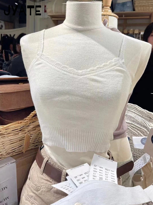 Sweet Lace Trim V-neck Knitted White Camisole Women New Cotton Casual Simple Sleeveless Vests Cute Slim Vintage Cropped Tops Y2K