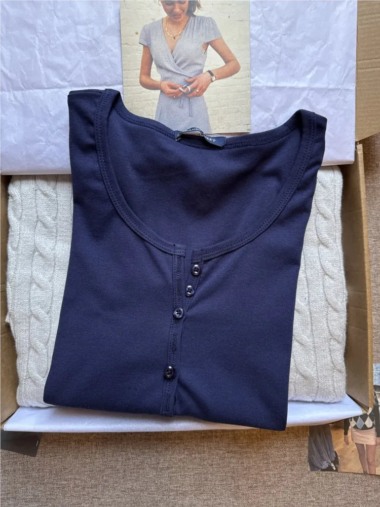 Vintage Navy Long Sleeve Tee Women Autumn New Cute Casual Six Buttons O-Neck Cotton Slim Tops Fashion Chic Streetwear Tshirt Y2K