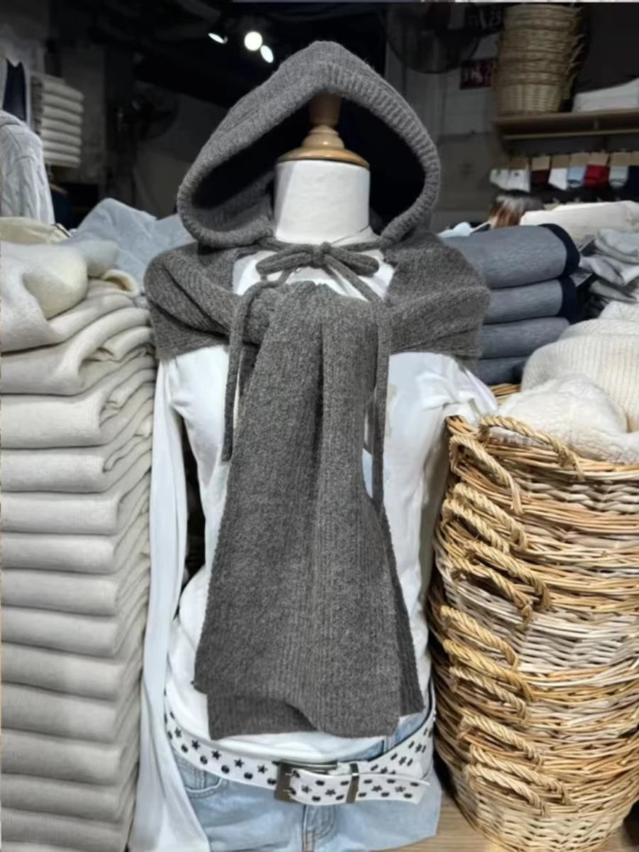 Solid Hooded Scarf Women Spring Winter Casual Lace-up Unisex Thick Warm Long Scarves Vintage Chic Preppy Style Knitted Scarf y2k