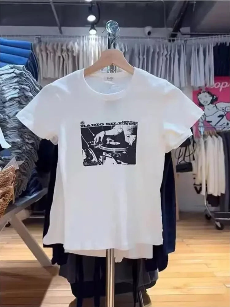 Radio Print Fashion T-shirts Women Summer New O-neck Cotton Casual Short Sleeve Tees Vintage Chic Preppy Style Tops Y2K Tshirt