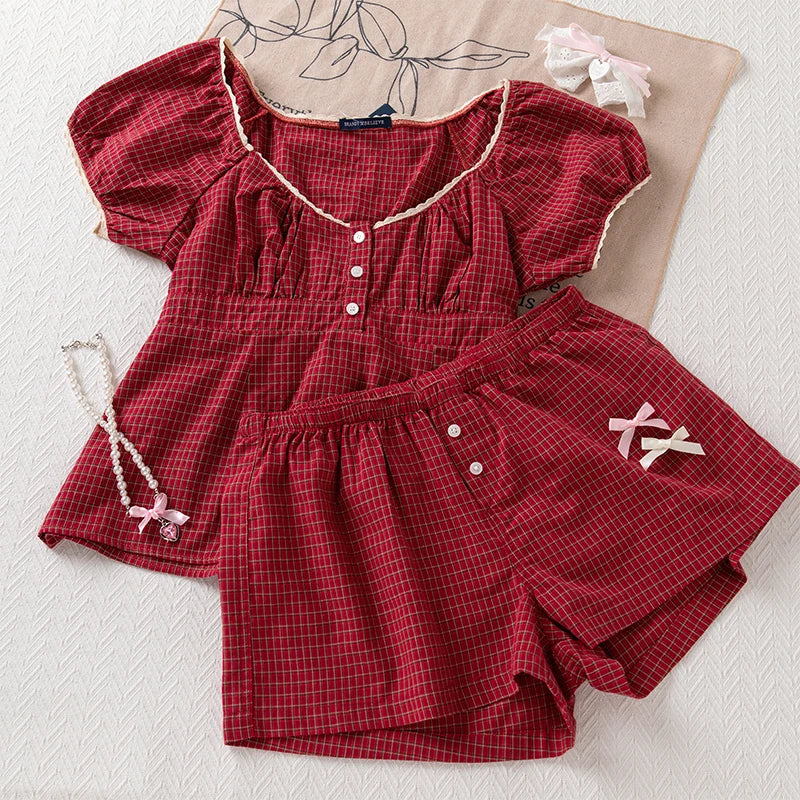 Vintage Red Plaid Blouse T-shirt Short Set Women Summer Buttons Tee+Straight Sweatshorts Suit Sweet Home Pajama 2 Piece Sets Y2K