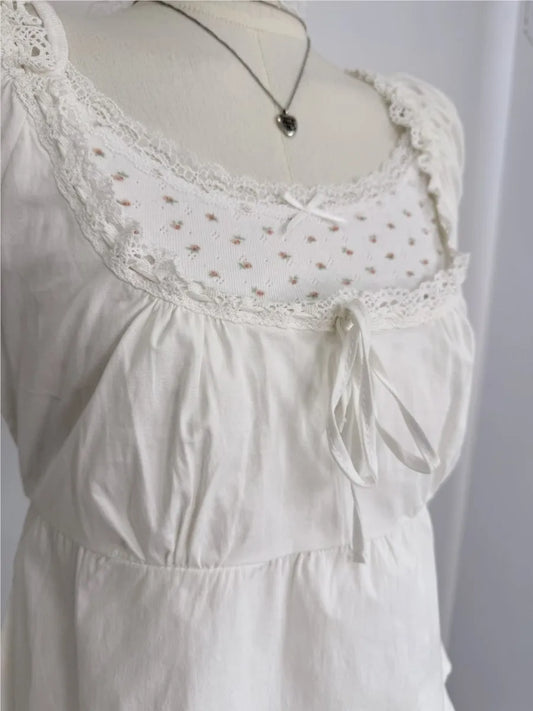 White Lace Trim T-Shirt Shorts Set Women Summer Lace-up Puff Sleeve Blouse+Elastic Waist Short Pants Sweet Simple 2 Piece Sets