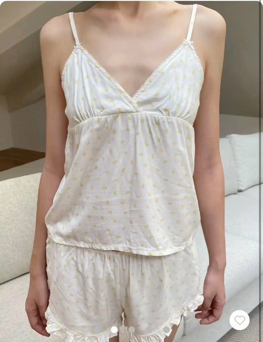 Little Duck Print Tank Shorts Pajama Sets Woman Back Lace-up Bow V-neck Camis+Ruffles SweatshortsCute Sweet Home 2 Piece Outfit