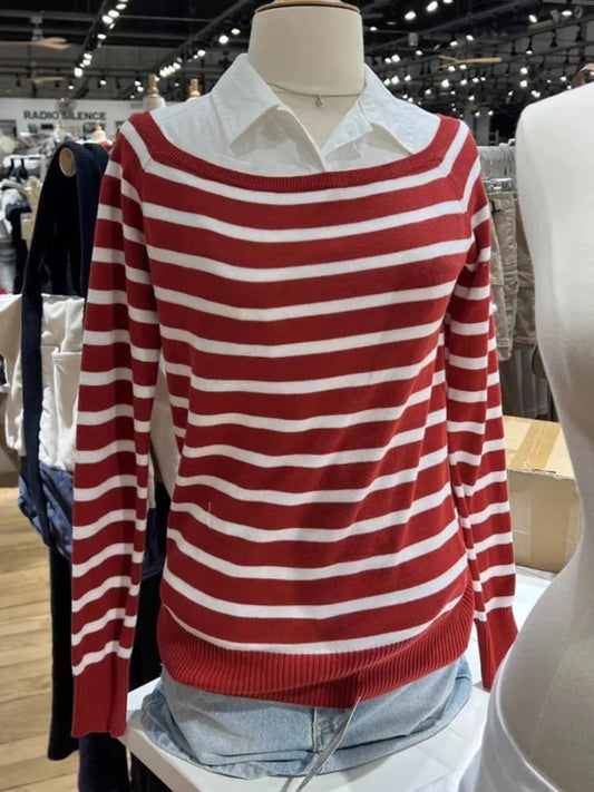 Red Striped Knit Sweater Women Autumn Streetwear Slash Neck Long Sleeve Pullovers Preppy Style New Sweet Casual Chic Jumpers Y2K