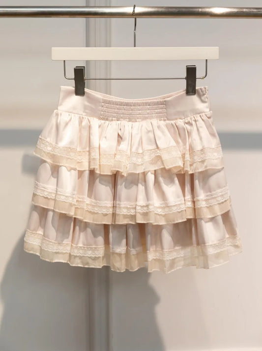 Pink Lace Trim Ruffles A-line Skirts Women Summer New Cotton Elastic High Waist Short Faldas Sweet Preppy Style Cute Mini Skirt