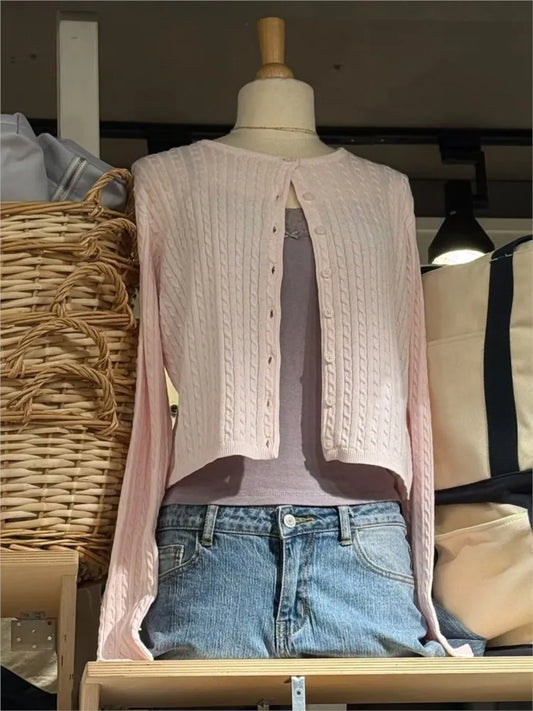 Sweet Pink Twist Flower Sweater Cardigan Woman Autumn O-neck Single Breasted Long Sleeve Crop Top Cotton Cute Chic Knitwear Tops