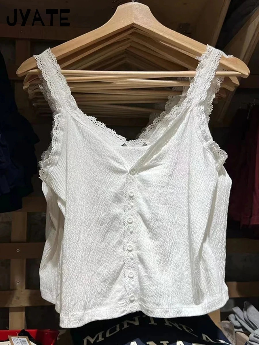 Black Slim V-neck Tank Tops Women Summer Casual Cotton Single Breasted Sleeveless Vests Female Vintage Sweet Y2K Camis