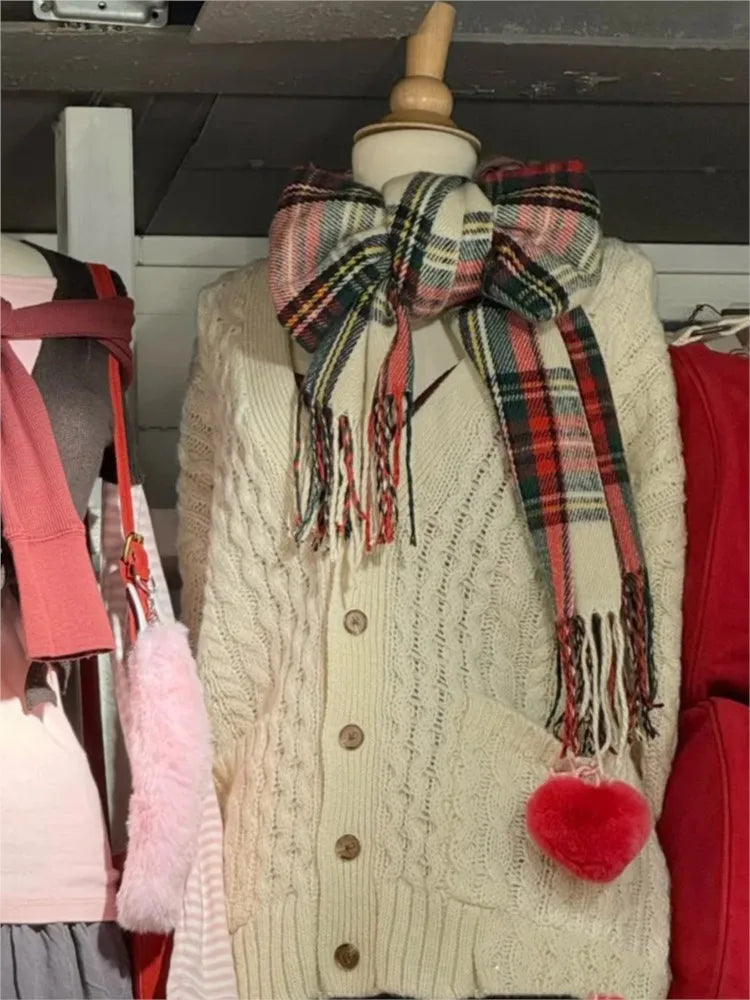 American Vintage Tassel Plaid Knitted Scarf Women Winter Unisex Warm Long Size Casual All-match Preppy Style Scarves Christmas