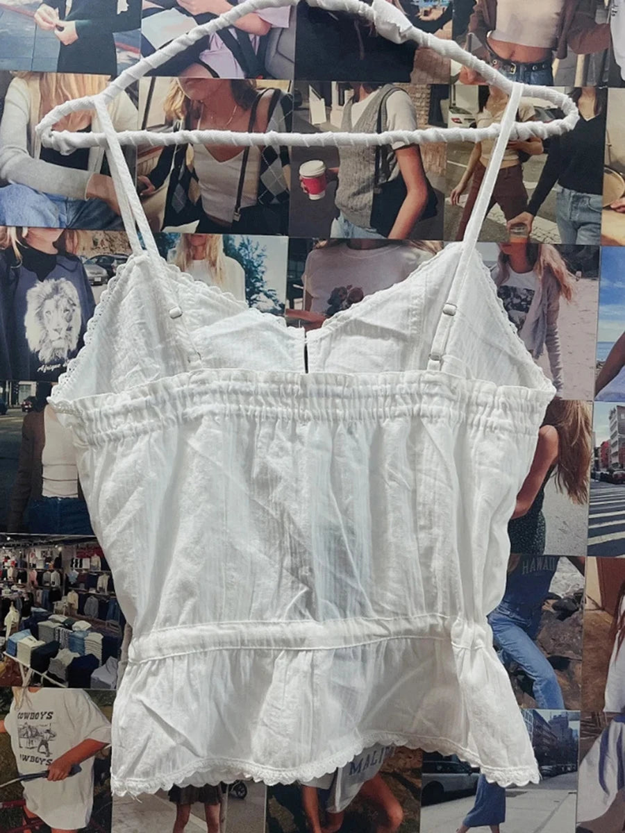 Fashion Lace-up Bow Cotton Tank Tops Women Summer White V-neck Casual Lace Patchwork Sleeveless Vests Vintage Sweet Cute Camis