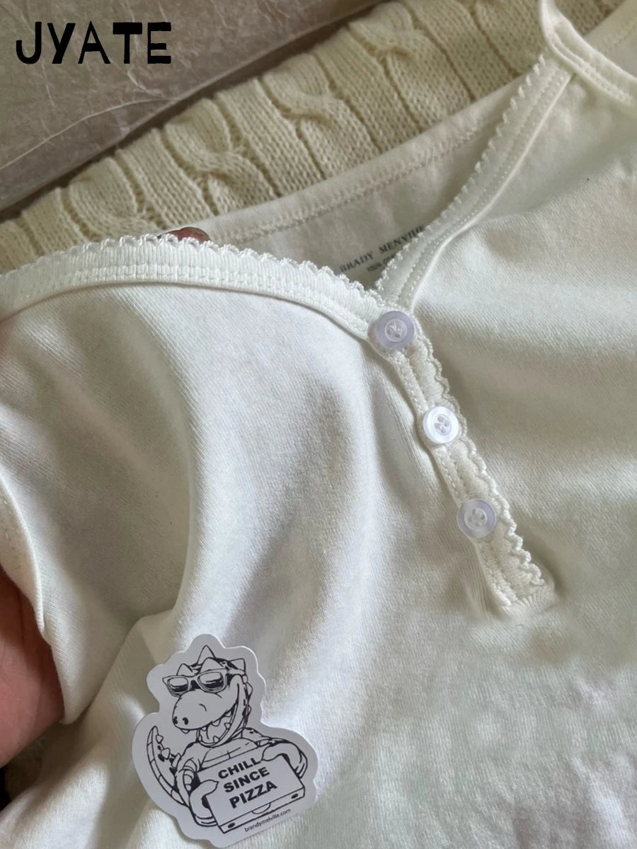 Basic White Lace Trim V-neck Tank Tops Women Summer New Cotton Casual Buttons Sleeveless Vests Vintage Chic Sweet Camisole Y2K