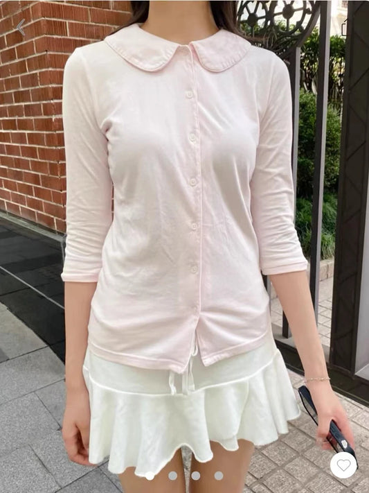 Sweet Pink Button Doll Tops Women Summer New Cotton Casual Turn-down Collar Half Sleeve Tees Female Preppy Style T-shirts Y2K