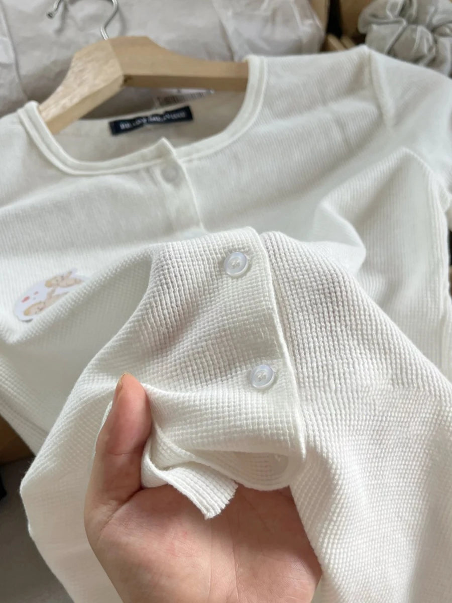 Waffle White Slim Cotton T-shirt Women New Round Neck Single Breasted Long Sleeve Tees Casual Sweet Simple Basic Tshirts Y2K Top