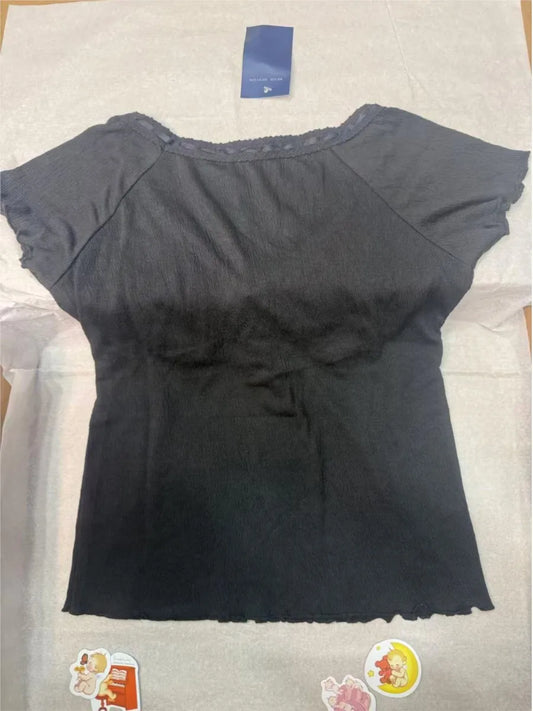 Black Folds V-neck Drawstring T-shirts Women Summer New Slim Casual Short Sleeve Tees Streetwear Vintage Chic Tshirt Y2K Tops