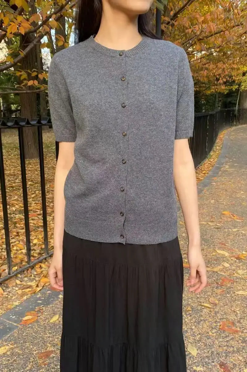 Drak Gray Knitted Short Sleeve Sweater Women Spring Casual Streetwear Single Breasted Jumpers Vintage Chic Preppy Style Cardigan