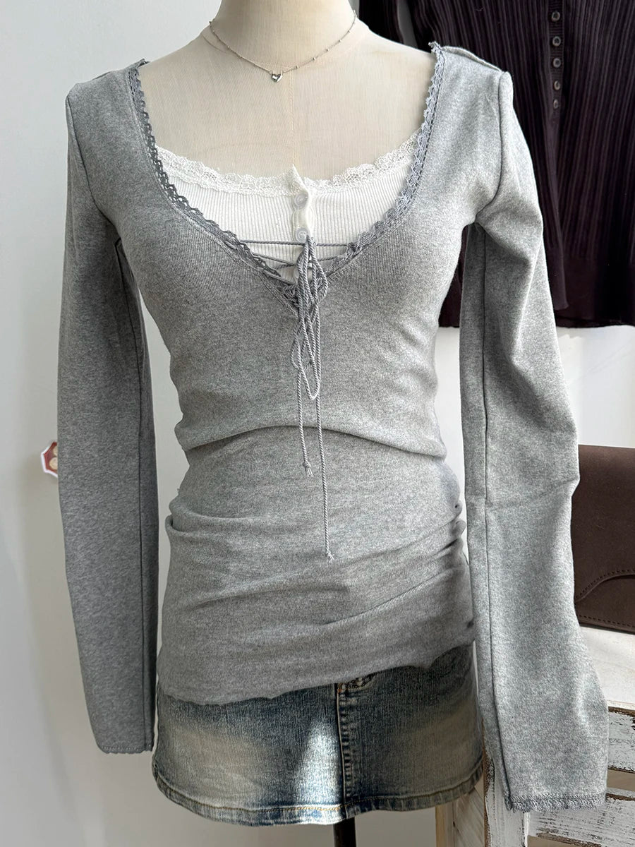 Lace-up V-neck Long Sleeve T-shirts Women Summer Y2K Streetwear Lace Trim Slim Cotton Tee shirt Female Sweet Simple Chic Tshirts
