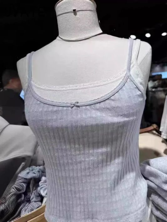 Fashion Blue Bow Texture Cotton Tank Tops Women Casual Cotton Lace Trim Summer Slim Cropped Vest Sweet Cute Vintage Camisole Y2K