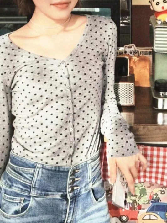 Polka Dot V-neck Long Sleeve Tees Women Casual Streetwear Simple Cotton Slim Buttons Tops Vintage Sweet Cute Tshirts Y2K
