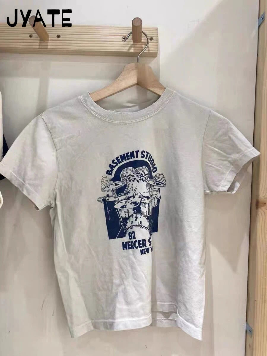 Classic Drum set Print O-neck Short Sleeve Tees Women New Harajuku Cotton Casual Slim Crop Tops Vintage Sweet Chic Y2K T-shirts