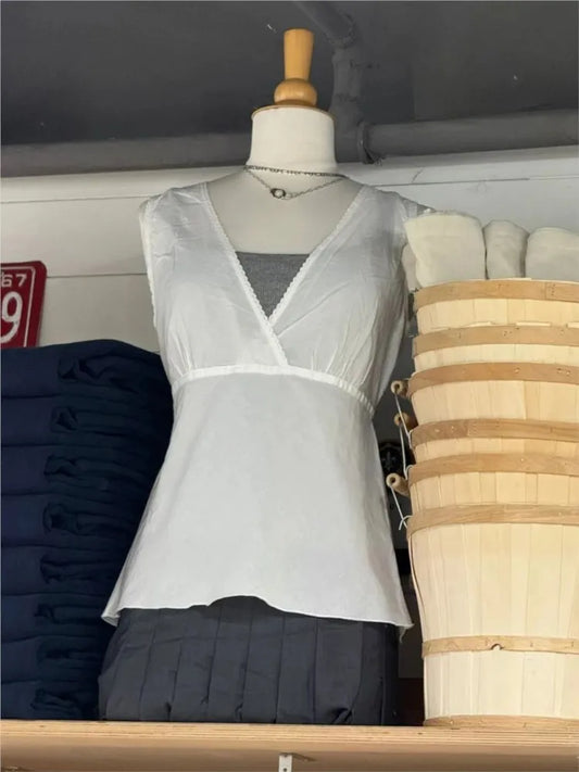 Lace Trim Deep V-neck Tank Tops Women Summer White Cotton Back Lace-up Slim Sleeveless Tees Sexy Sweet Preppy Style Vest Y2K