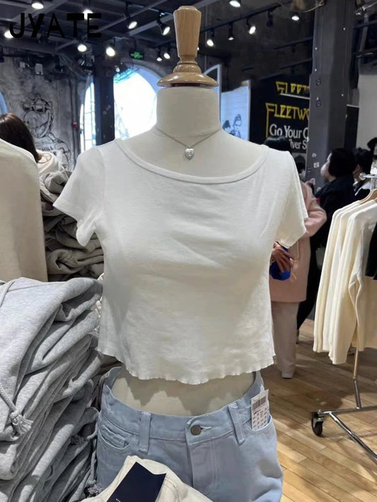 White Raw Hem Simple Crop Tops Women 2024 New Cotton Casual Cute Preppy Style Short Sleeve Tees Vintage Basic Chic T-shirts Y2K