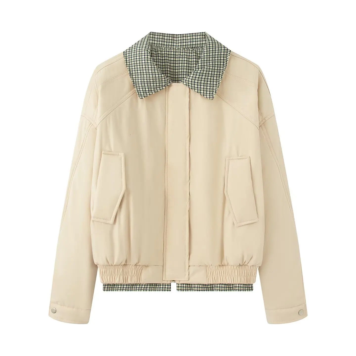 Vintage Internal Red Plaid Zipper Flight Jacket Women Autumn Cotton Warm Thick Stand Collar Jackets Chic Simple Loose Tops Y2K