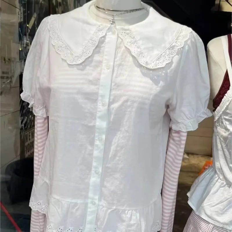 Blue Striped Peter pan Collar Blouse Women Casual Preppy Style Buttons Short Sleeve Tee Sweet Vintage Cute T-shirts Y2K Tops New