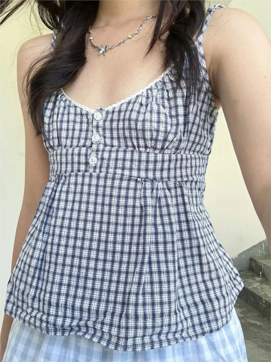 Gray Plaid Slim Buttons Tank Top Woman Summer New Lace Trim V-neck Back Lace-up Cotton Camis Vintage Sweet Chic Crop Tops Y2K