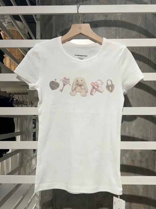 Ballet Girl Rabbit Print T-shirt Woman Summer New Casual Round Neck Cotton Short Sleeve Tees Y2K Sweet Cute Slim Tops for Women