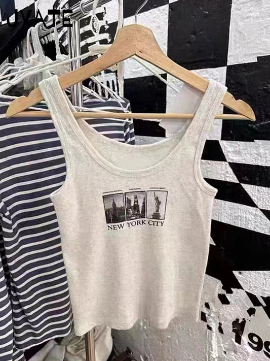 Fashion Letter Print Cotton Ribbed Tank Tops Women Summer New Casual Simple Slim Sleeveless Vest Vintage Chic Sweet Crop Top Y2K