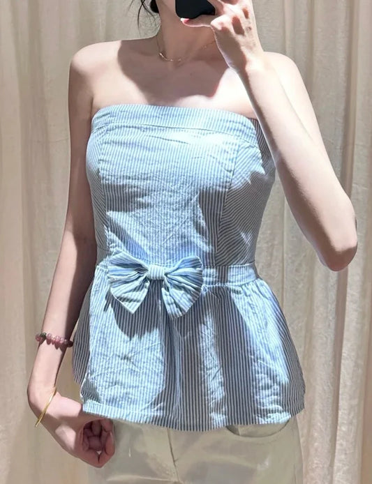 Sexy Blue Striped Bow Tube Top Women New Cute Strapless Cotton Sleeveless Vest Summer Preppy Style Sweet Casual Crop Tank Tops