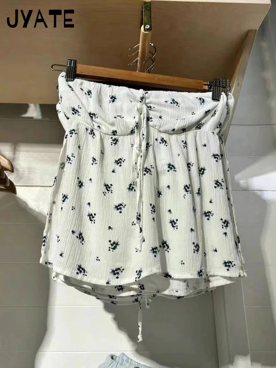 Sweet Floral Pleated Halter Crop Tops Women Summer New Casual Slim Strapless Side Split Tank Top Vintage Harajuku Chic Camis Y2K