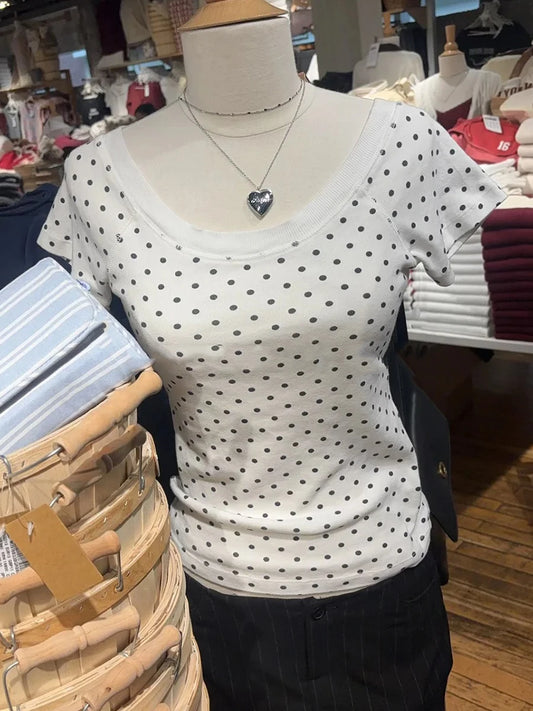 Slash Neck Short Raglan sleeve Cotton Tee Shirts Women Casual Preppy Style White Slim Tshirts Female Sweet Polka Dot T-shirt Y2K