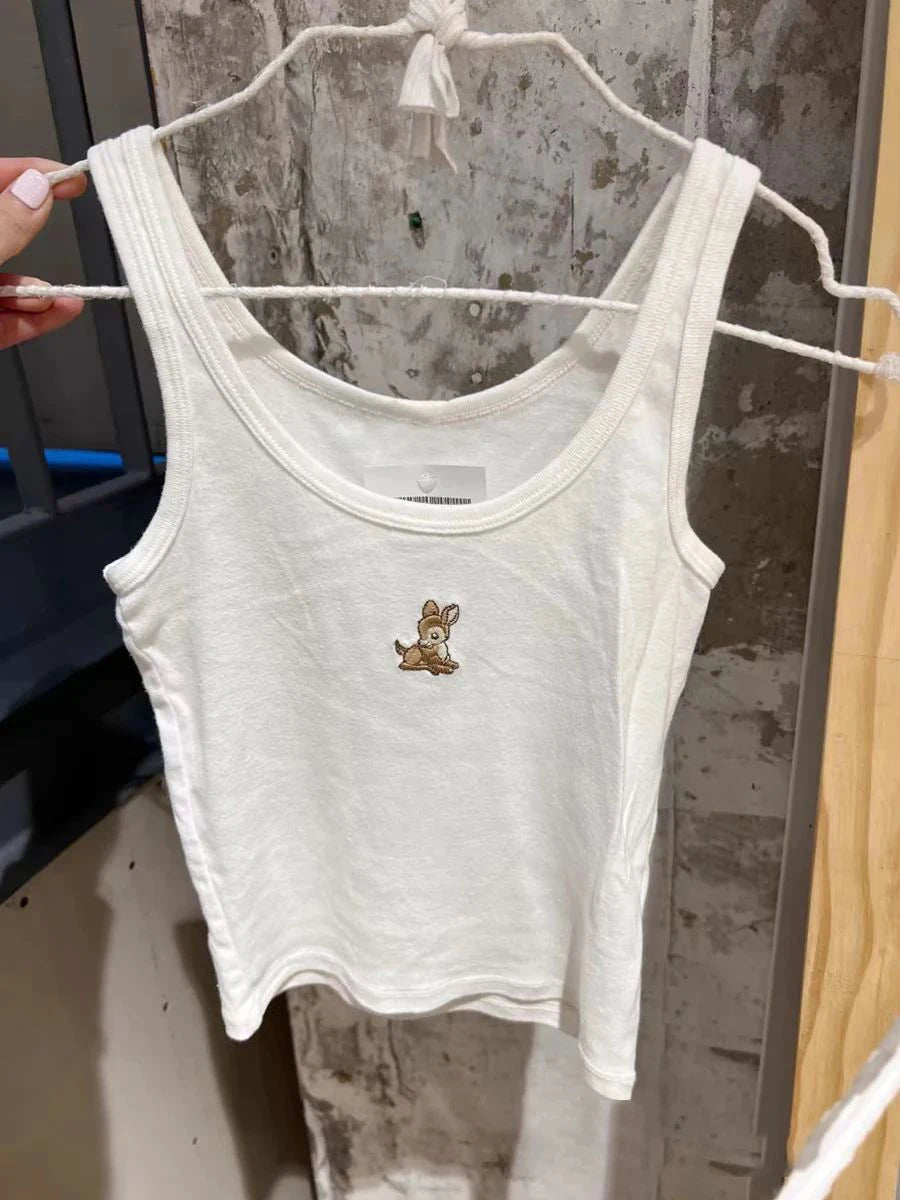 Litter Bear Embroidery Cute Cropped Vests Women New Navy Blue Cotton U-neck Slim Camisole Vintage Harajuku Chic Tank Tops Y2K