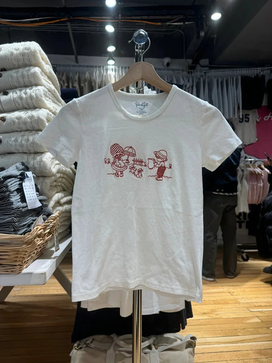 Girls and Cats Embroidery Slim T-shirt Women New Cotton Round Neck Short Sleeve Tees Sweet Preppy Style Cute Top Y2k T shirts
