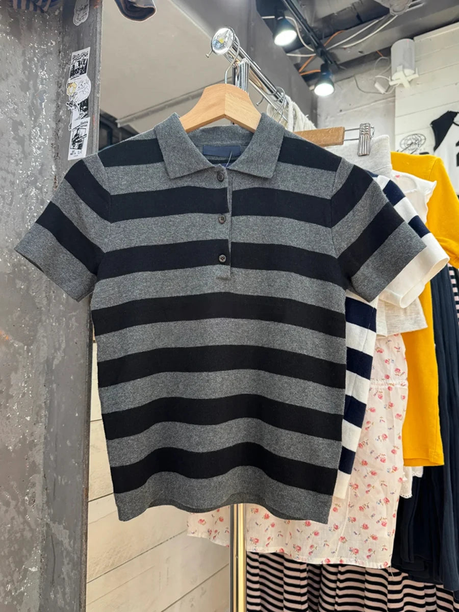 Vintage Striped Knitted Slim T-shirt Women Buttons Turn-down Collar Short Sleeve Tees Preppy Style Cotton Sweet Y2K Tshirts Tops