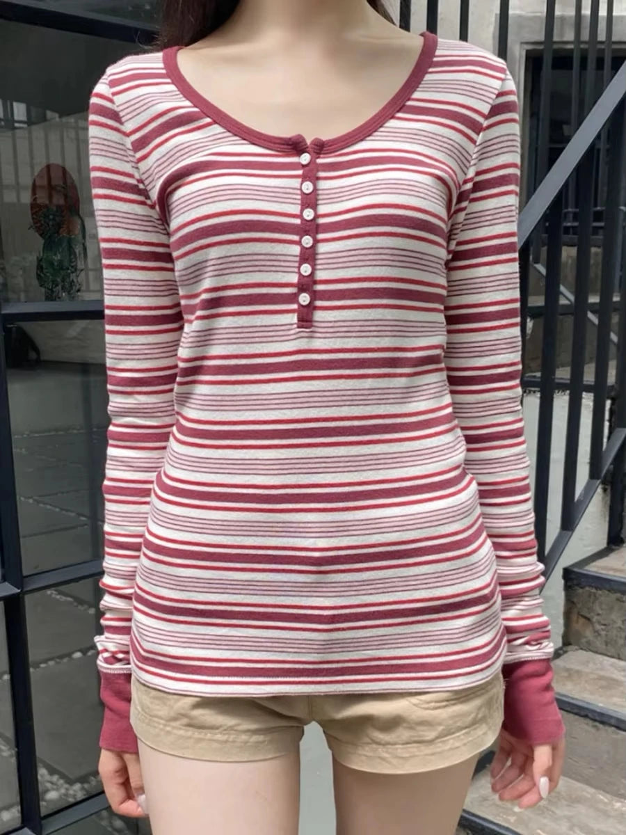 Sweet Pink Six Buttons Ribbed Long Sleeve T-shirts Women Spring Round Neck Cotton Slim Tee Top Female Cute Tshirt Y2k Tops New