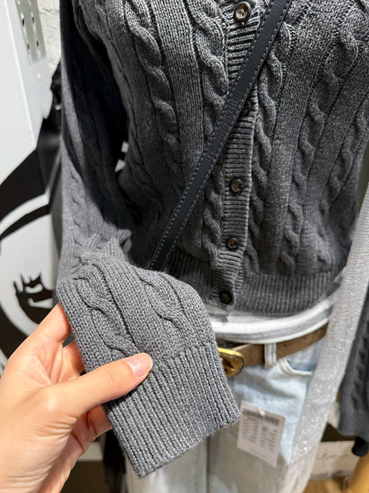 Gray Twist Cardigan Women Spring Streetwear Fashion V-neck Slim Long Sleeve Jumper Tops Vintage Simple Basic Sweaters Coats Y2K