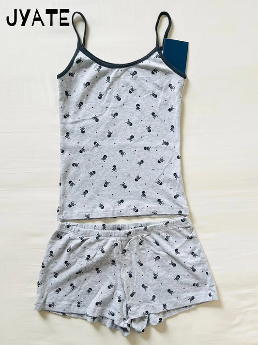 Skull Print Camisole Two Piece Set Women Summer Cotton Tank Tops+Elastic Waist Short Casual Vintage Preppy 2 Sets Y2K