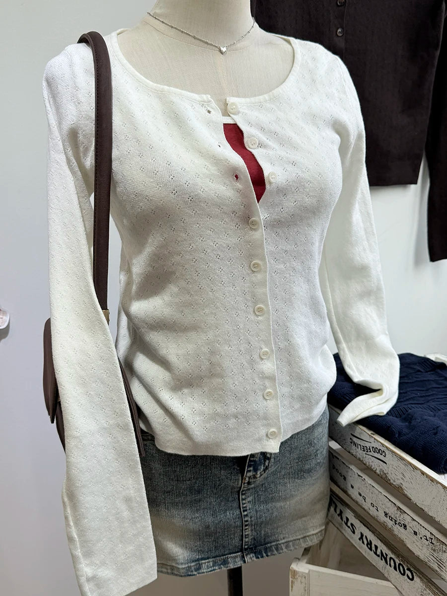 Red Eyelet Cotton Knitted Cardigan Women Autumn New Casual Streetwear Buttons Long Sleeve Coat Sweet Simple Basic Sweaters Tops