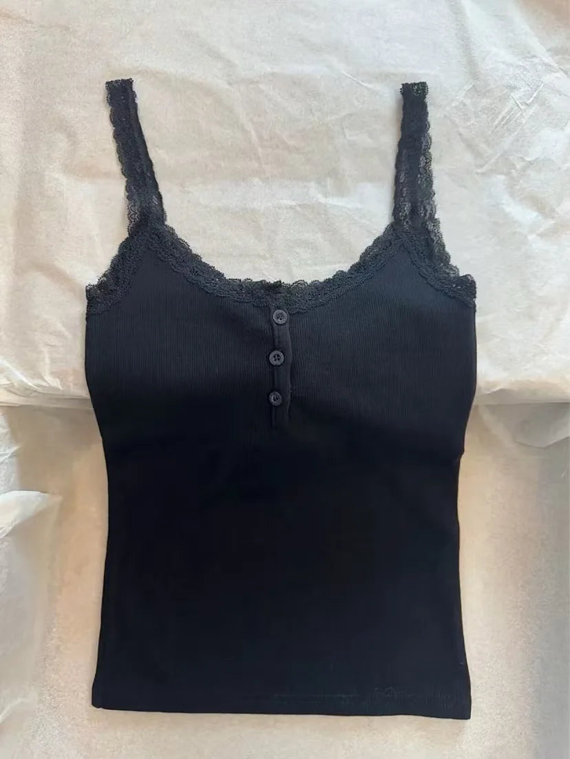 Blue Lace Trim Ribbed Buttons Camisole Women Summer New Casual cotton Slim Sleeveless Vest Sweet All-match Cropped Tank Tops Y2K