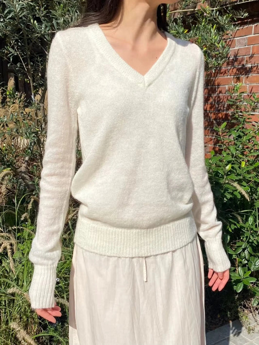 Beige V-neck Knitted Sweater Women Fall Winter Casual Soft Long Sleeve Jumper Tops Sweet Simple Basic Sweaters Female New