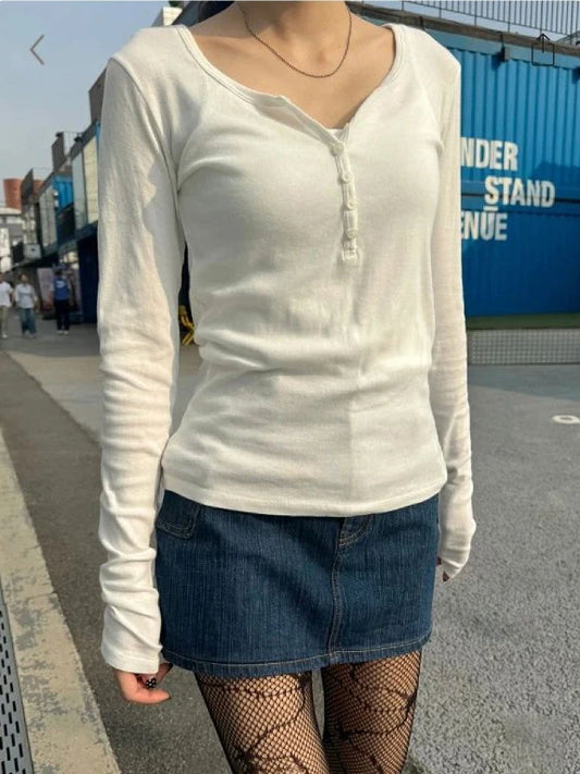Vintage Buttons White Basic Long Sleeve T-shirts Women Autumn Round Neck Cotton Slim Tee Top Female Sweet Streetwear T Shirt Y2K