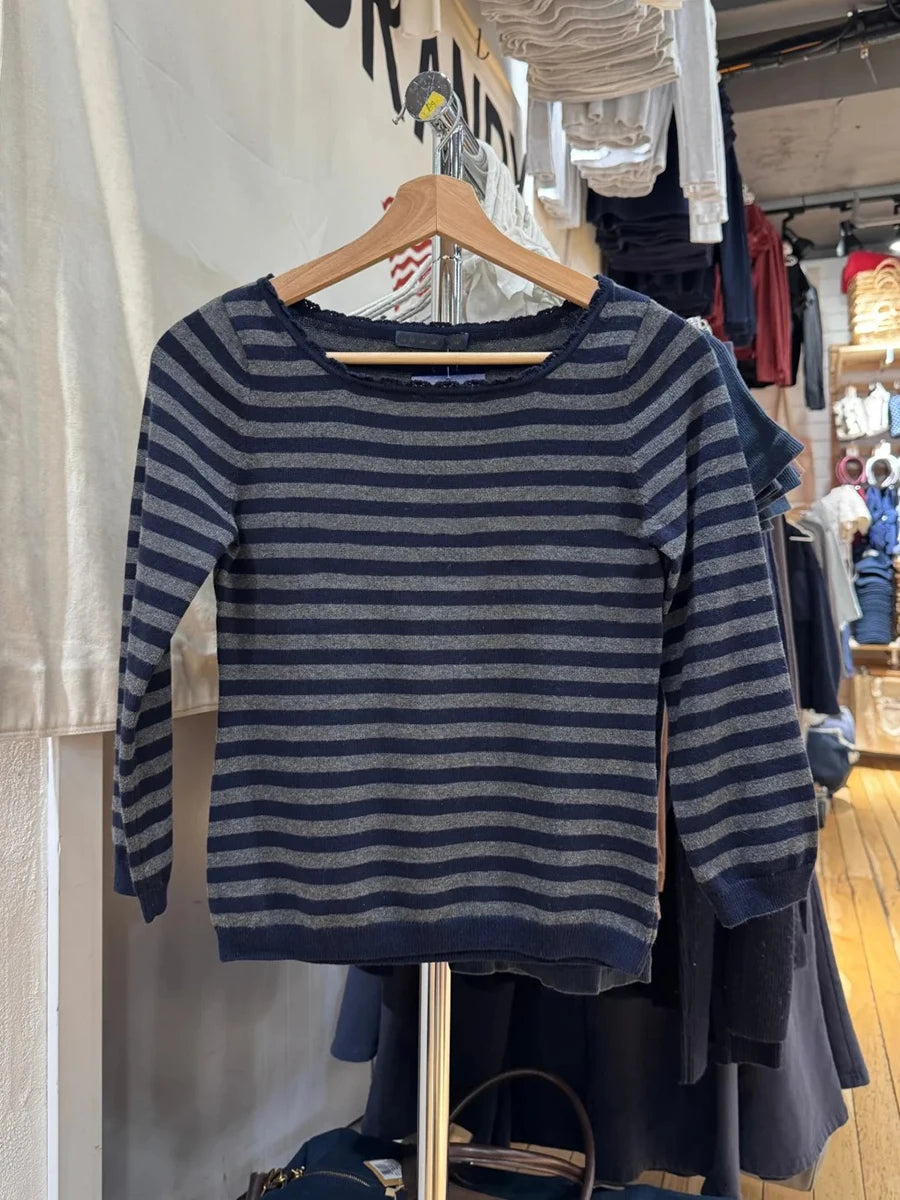Striped Lace Trim Scoop Neck T-shirts Woman Spring Cotton Slim Navy Three Quarter Sleeve Crop Top Vintage Knitted Tee Shirts