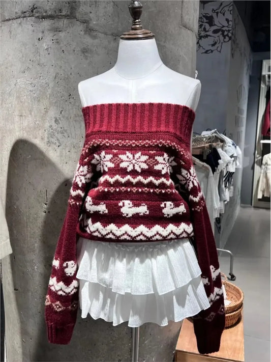 Geometric Jacquard Sweater Women Sexy Slash Neck Cotton Long Sleeve Slim Pullover Top Retro Sweet Cute Knit Sweater Y2k Jumpers
