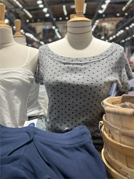 Polka Dot Gray Slash Neck T-shirt Women Casual Preppy Style Slim Short Raglan Sleeve Cotton Tee Shirts Vintage Sweet TshirtsY2K