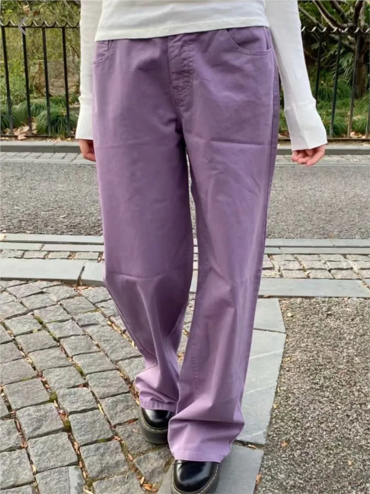 Purple Straight Jeans Women Casual Chic Streetwear Back Pockets Cotton Denim Long Pants Female Sweet Simple Trousers