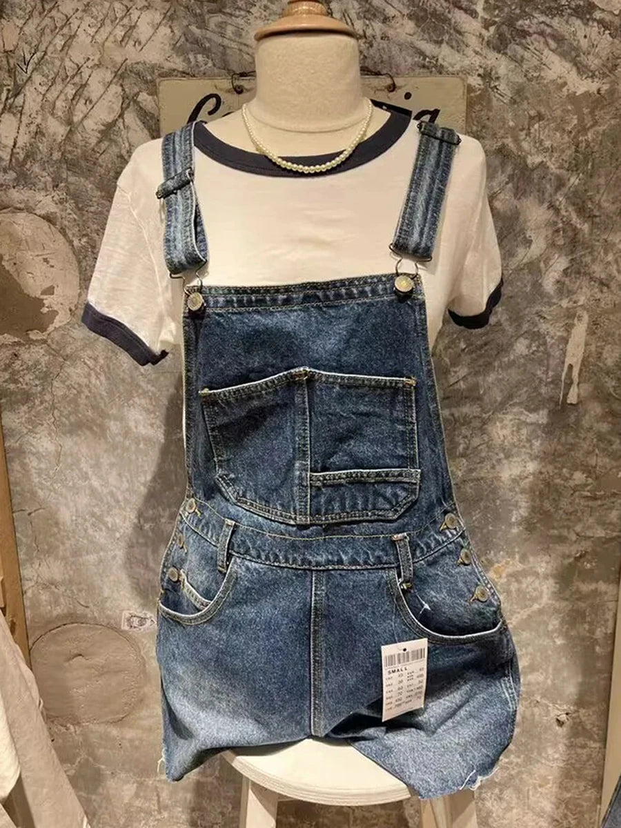 Vintage Pockets High Waist Straight Short Pants Ladies Casual Streetwear Buttons Raw Trim Shorts Vintage Chic Y2K Denim Overalls