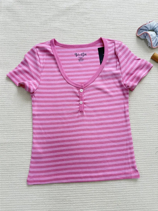 Pink Striped Slim Buttons T-shirts Women New Cotton O-neck Casual Simple Basic Short Sleeve Tees Sweet Cute Girls Tshirt Y2K Top