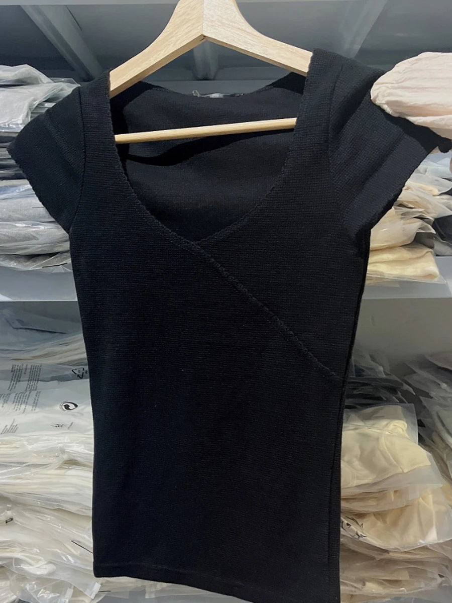Simple Lace Trim Waffle T-shirts Women Summer New Solid Sexy V-neck Cotton Short Sleeve Tees Harajuku Vintage Chic Y2K Crop Tops